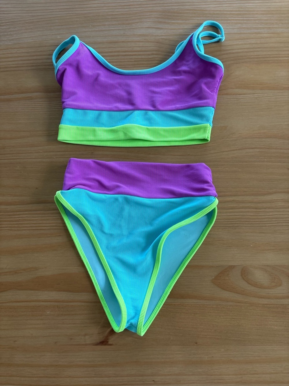 Beach Riot Purple, Aqua & Neon Green Woman’s Two-Piece Swim Set